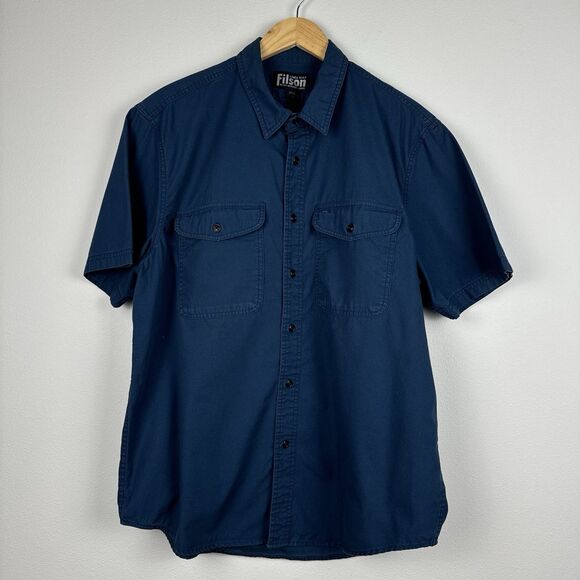 Filson Shirt Mens Large Blue Short Sleeve Field Safari Work Button up Outdoors - Picture 2 of 6